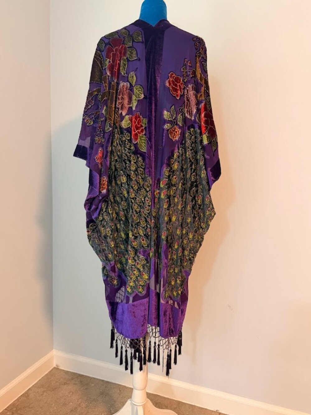 Purple Peacock Embroidered Kimono Duster Fringe Boho - Picture 4 of 11